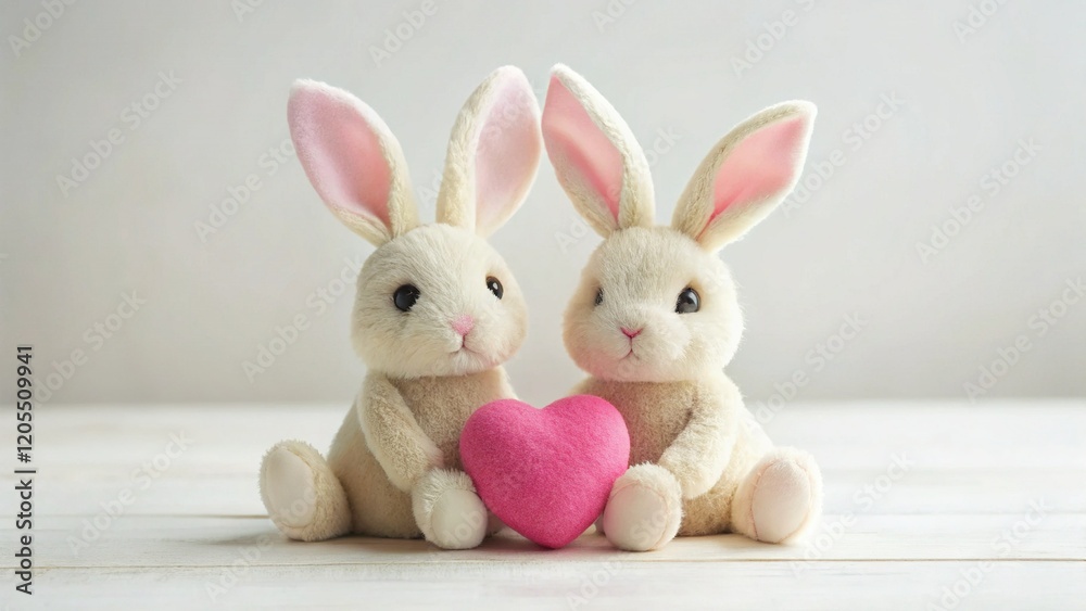 Fototapeta premium Adorable Toy Bunnies with Pink Heart - Selective Focus Stock Photo