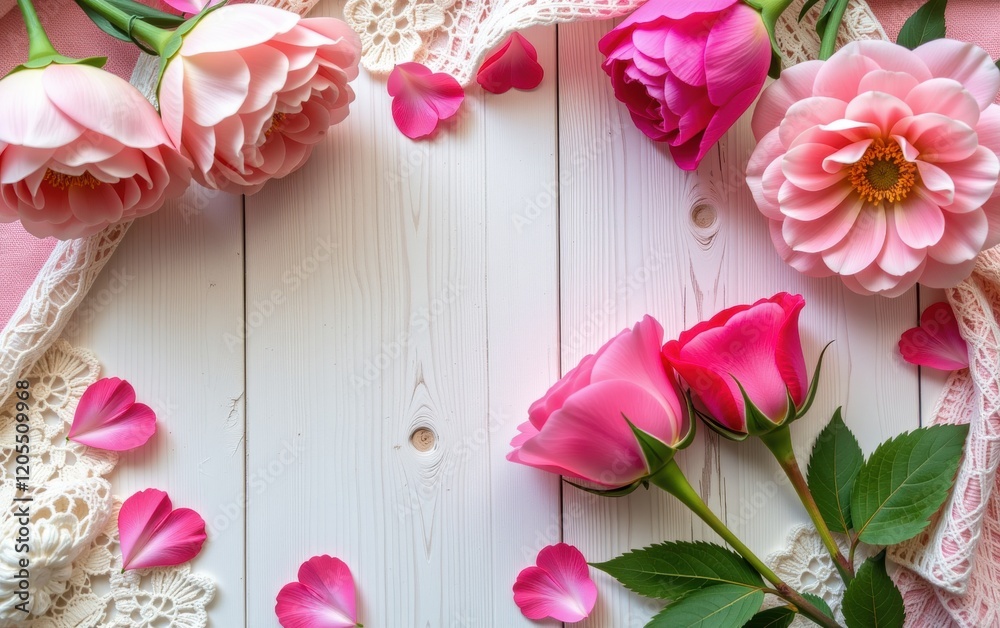 Obraz premium A romantic Valentine's Day scene featuring pink and red roses, a blank card, lace, and delicate hearts, creating a perfect background for love letters or romantic messages.