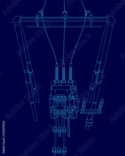 Blue drawing of a power line wireframe