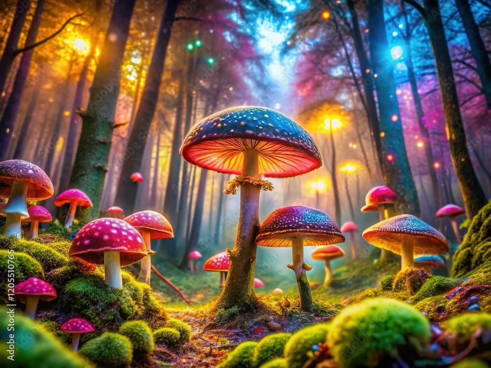 Fototapeta premium Dreamlike Double Exposure: Enchanted Forest Mushrooms, Fantasy Nature Photography