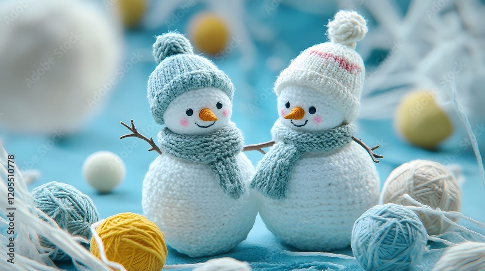 Obraz premium Cute snowmen yarn winter holiday greeting card