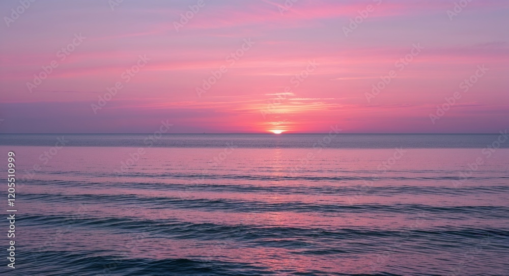 Fototapeta premium Sunset over calm ocean with soft pink skies background