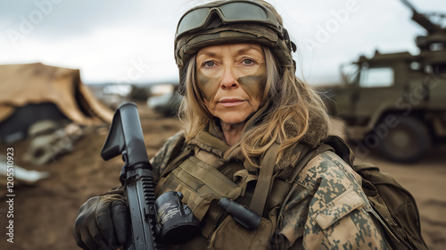 senior female soldier in full combat gear with camouflage face paint rifle, standing in military camp with vehicles in background, representing bravery, resilience, and the concept of military service