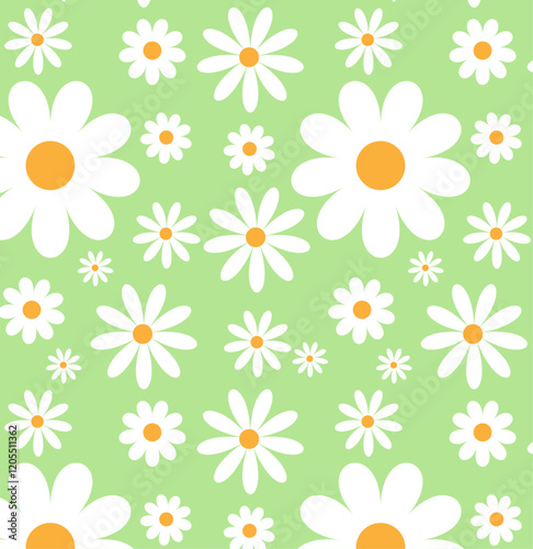 Seamless chamomile flower pattern on pastel green, retro chamomile background,daisy seamless pattern