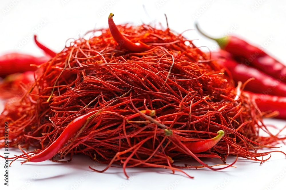 Fototapeta premium Red Chili Pepper Threads Isolated on White Background - Spicy Food Ingredient Stock Photo