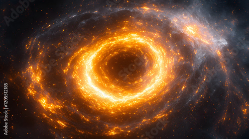 Fiery glowing spiral resembling a cosmic black hole with orange and gold tones in an abstract, high-energy galactic composition photo