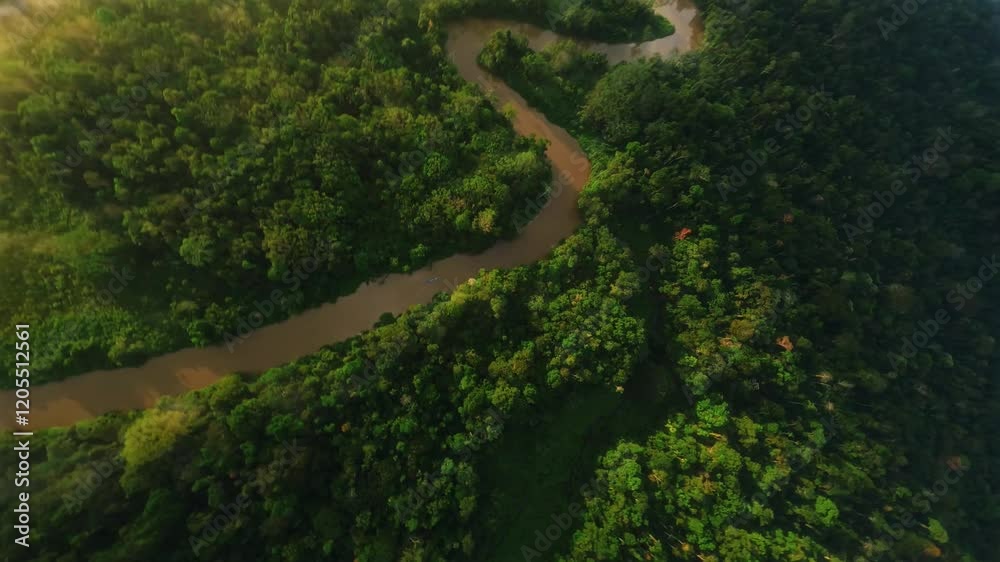 Aerial drone image of a tropical Amazon river flowing through a Amazon rainforest, dark water and lush vegetation. Cinematic aerial footage of the amazon rainforest showing a river through the jungle.