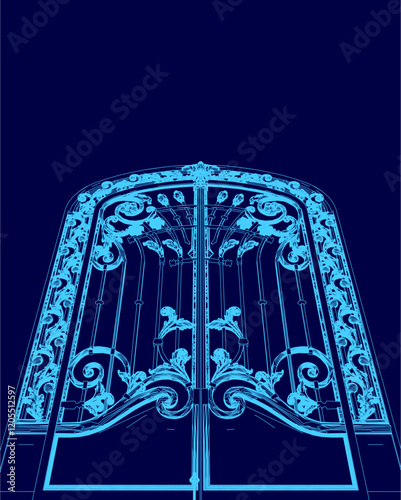 The blue gate is ornate and has a lot of detail. It is open and inviting. The gate is a symbol of welcoming and hospitality