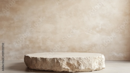 Artistic display of a natural stone pedestal on a textured background in a neutral-toned interior space photo