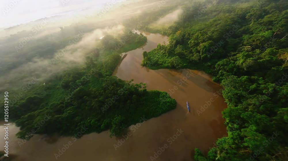 Aerial drone image of a tropical Amazon river flowing through a Amazon rainforest, dark water and lush vegetation. Cinematic aerial footage of the amazon rainforest showing a river through the jungle.