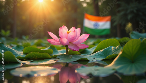 Pink lotus flower with Indian flag in the background at sunset photo