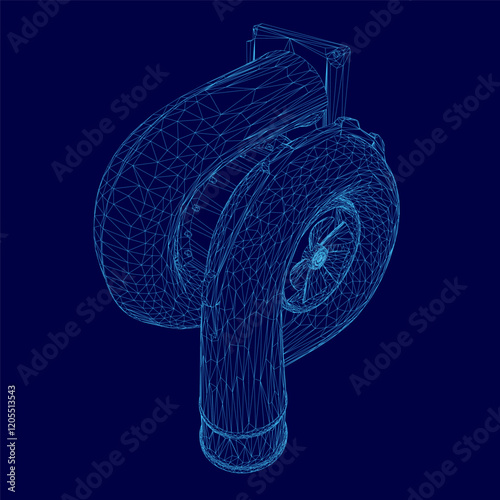 Blue drawing of a car turbo part of engine with a blue outline. The engine is a turbo and the drawing is in blue