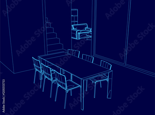 Blue drawing of a dining room with a table and chairs. The chairs are arranged around the table, and there is a staircase in the background. Scene is calm and inviting