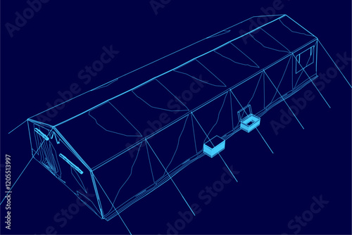 Blue drawing of a building with a large tent on top. The tent is open and the building is empty
