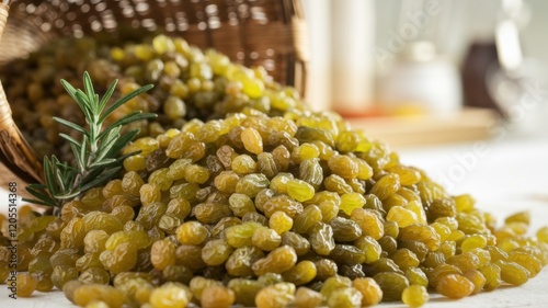 Photo of dried green kishmish Sundar Khani (raisins) in a basket. The basket is partially visible. There is a sprig of rosemary on the raisins. The background is slightly blurred. photo