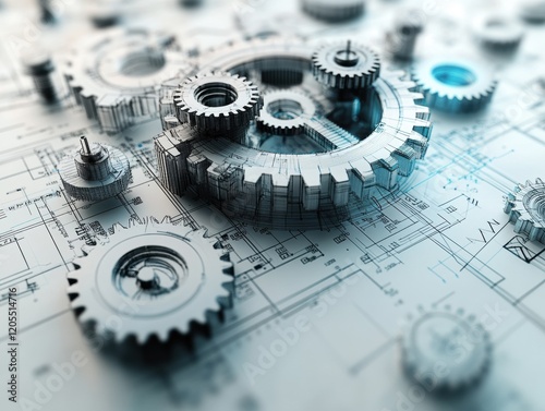 Mechanical gears on blueprint: engineering and innovation concepts