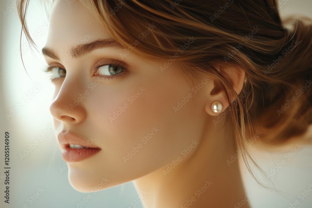 Stunning portrait of a young woman with natural makeup and pearl earrings in soft natural light captured indoors Stunning portrait of a young woman with natural makeup and pearl earrings in soft natural light captured indoors