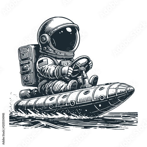 Cute astronaut rides a jet ski boat. Black white vector icon and logo illustration.	