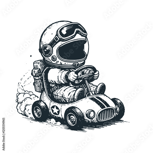 Cute astronaut riding pedal car toys. Black white vector. Icon and logo illustration.	