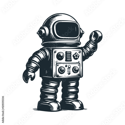 Cute vintage astronaut tin robot toy. Black white vector. Icon and logo illustration.	