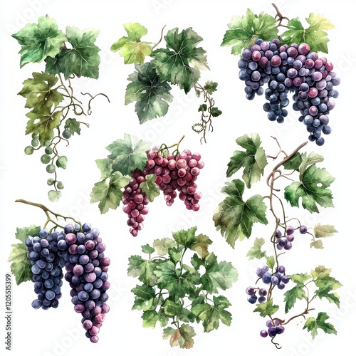 Watercolor grapes and leaves collection with vivid colors and natural details