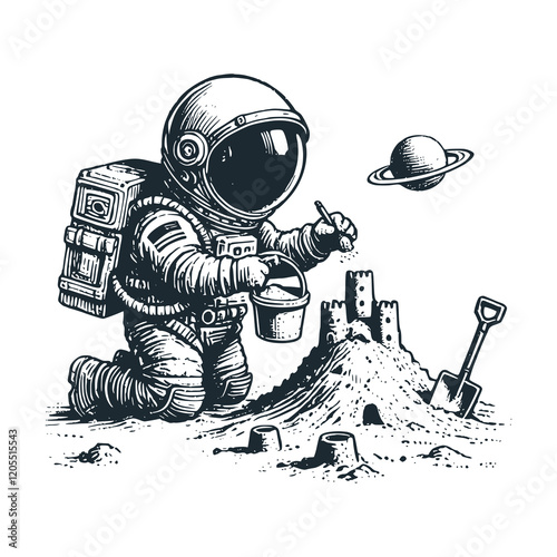 Cute astronaut building sand castle on planet. Black white vector icon and logo illustration.
By Maryoto