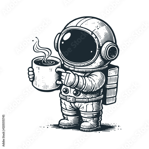 Cute astronaut hold a coffee cup. Black white vector icon and logo illustration.