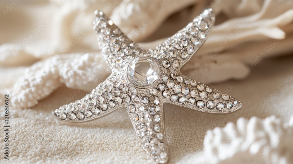 A starfish-inspired brooch with shimmering stones, placed on a sandy textured background. A starfish-inspired brooch with shimmering stones, placed on a sandy textured background.