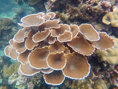 Underwater coral colony with fan-shaped structures forming a cluster in natural light photo