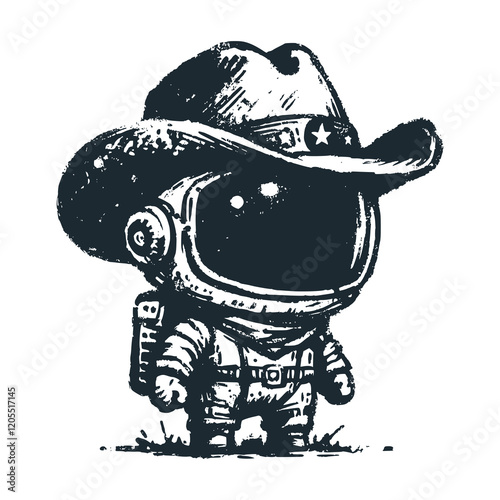 Cute astronaut wearing cowboy hat. Black white vector icon and logo illustration.	