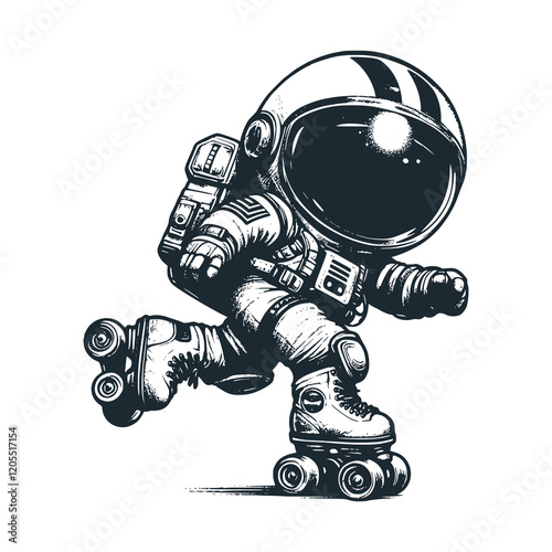 Cute astronaut play roller skatting. Black white vector icon and logo illustration.	