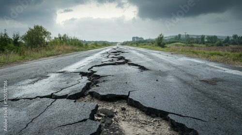 Desolate country road with cracks and erosion under gloomy sky symbolizing decay and neglect