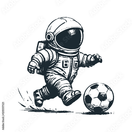 Cute astronaut playing football soccer. Black white vector icon and logo illustration.	