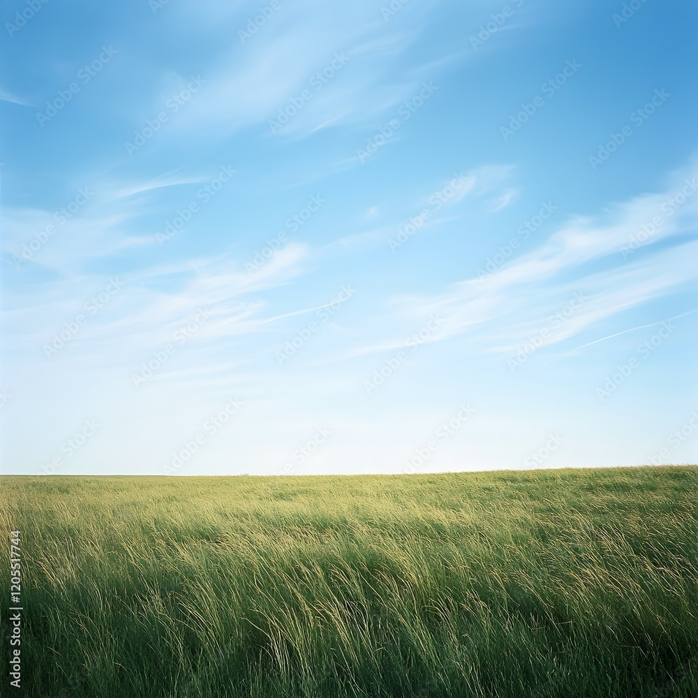 Tranquil Scene of a Wide Open Field with Tall Grass Under Blue Sky Tranquil Scene of a Wide Open Field with Tall Grass Under Blue Sky