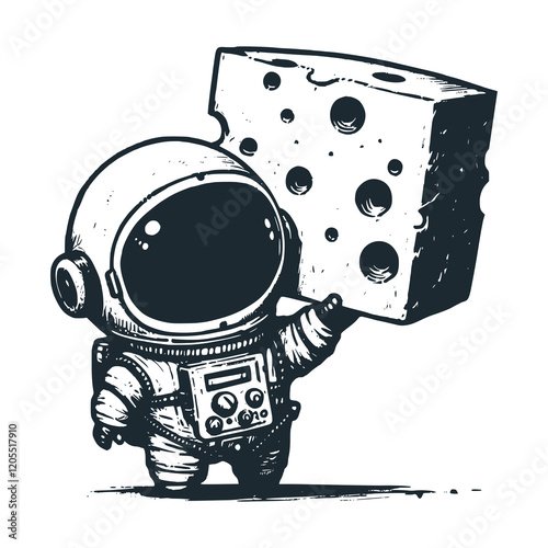 Cute astronaut hold a chesee . Black white vector. Icon and logo illustration.