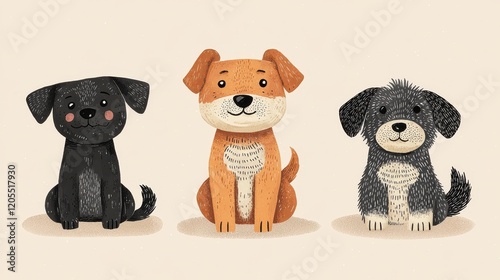 Cute Cartoon Style Dogs Sitting Together on Light Background