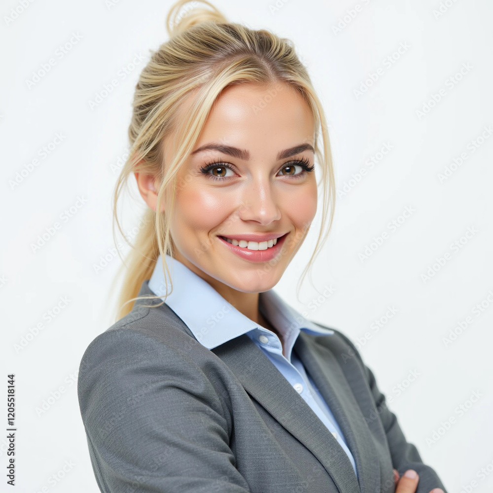 Perfect business lady. Beautiful young businesswoman looking at camera with smile while standing against white background
Perfect business lady. Beautiful young businesswoman looking at camera with smile while standing against white background