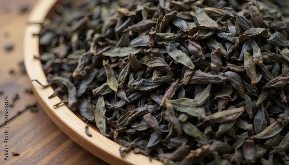 Dried Tea Leaves in Wooden Bowl: A Close-Up View of Aromatic Tea Dried Tea Leaves in Wooden Bowl: A Close-Up View of Aromatic Tea