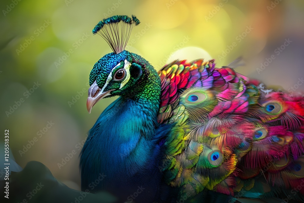 Obraz premium Majestic peacock portrait, vibrant plumage, lush garden, sunset