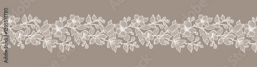 Lace floral border with branches, leaves and flowers. Beige seamless horizontal background with a beautiful hand drawn garland. Vector illustration