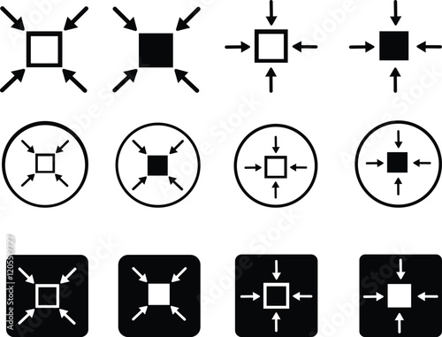 Minimize icon.Minimize icon rally compact size small scale arrows icons . shrink icon resize in arrows.minimize icon four 4 arrows icon meeting point.Minimize Icon with reflection on white background.