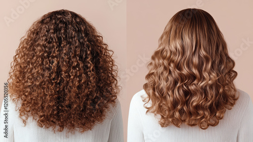 A photo collage showing two images: one with curly, unruly hair and the other with smooth, shiny curls after a salon styling treatment, highlighting the benefits of proper care for curly hair.