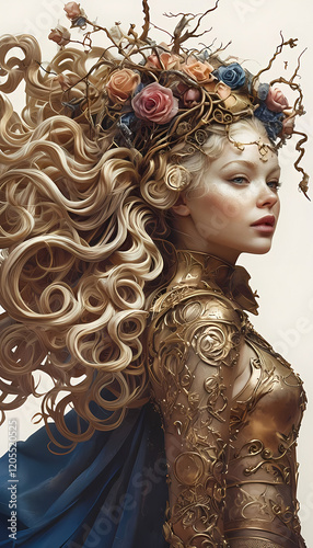 eterea figura femminile bionda dal vestito d'oro e con i capelli intrecciati a rami e rose, ethereal blonde female figure in a golden dress and with her hair braided with branches and roses