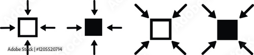 Minimize icon.Minimize icon rally compact size small scale arrows icons . shrink icon resize in arrows.minimize icon four 4 arrows icon meeting point.Minimize Icon with reflection on white background.