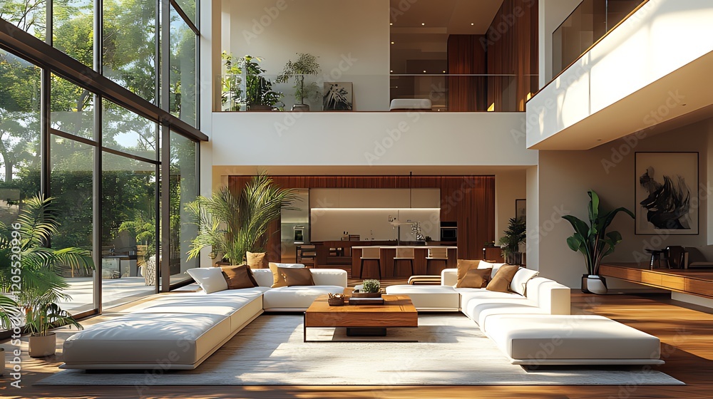 Fototapeta premium Sunlit Modern Home Interior Design, Tropical View