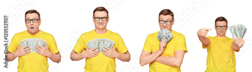 Set of happy cheerful mature man with money