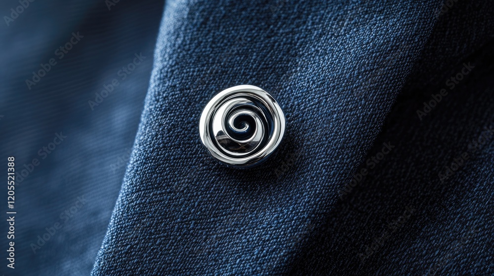 Shiny silver tie pin with a subtle swirl design on a navy blue background Shiny silver tie pin with a subtle swirl design on a navy blue background