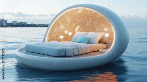 Surreal floating bed drifts weightlessly on vast serene waters photo