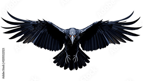 Majestic raven in flight with spread wings and glossy black feathers isolated on transparent background