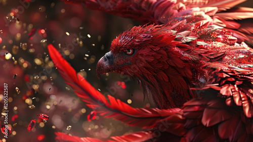A massive ruby and gold eagle with vibrant red feathers and sparkling rubies, featuring high-quality, intricate details and a lifelike appearance.